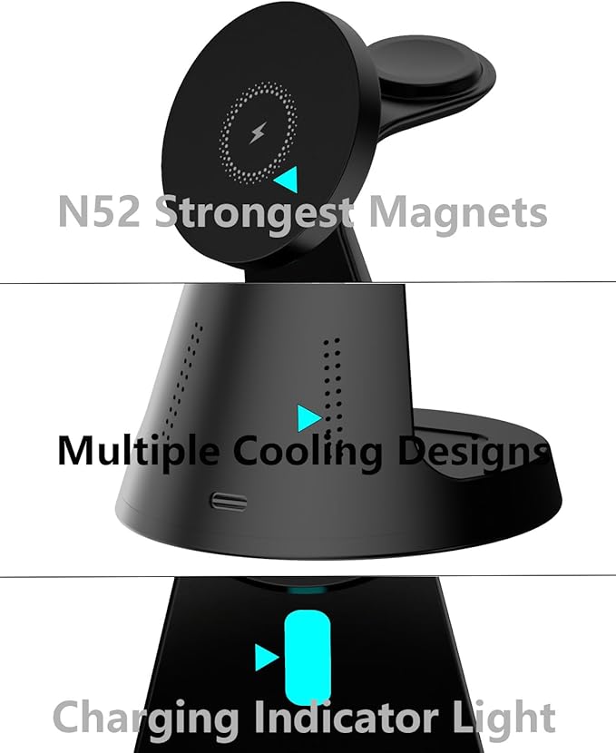 Wireless Charger,3 in 1 Charging Station,15W Phone Charger Stand | Compatible with Mag-Safe Charger for iPhone 17/16/15/14/13/12 Series, Apple Watch, AirPods (Adapter Included) - Image 3