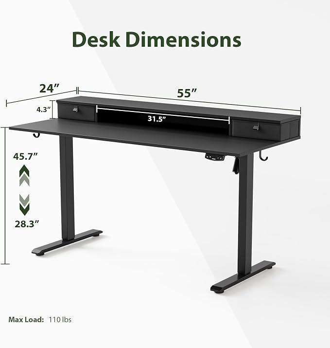 Agilestic 55 * 24 Inch Electric Standing Desk with Drawers, Black | Electric Height Adjustable, 2 Storage Drawer, Monitor Stand, Sturdy Steel Frame, Memory Presets, Hooks, 154 lbs, Splice Board - Image 3