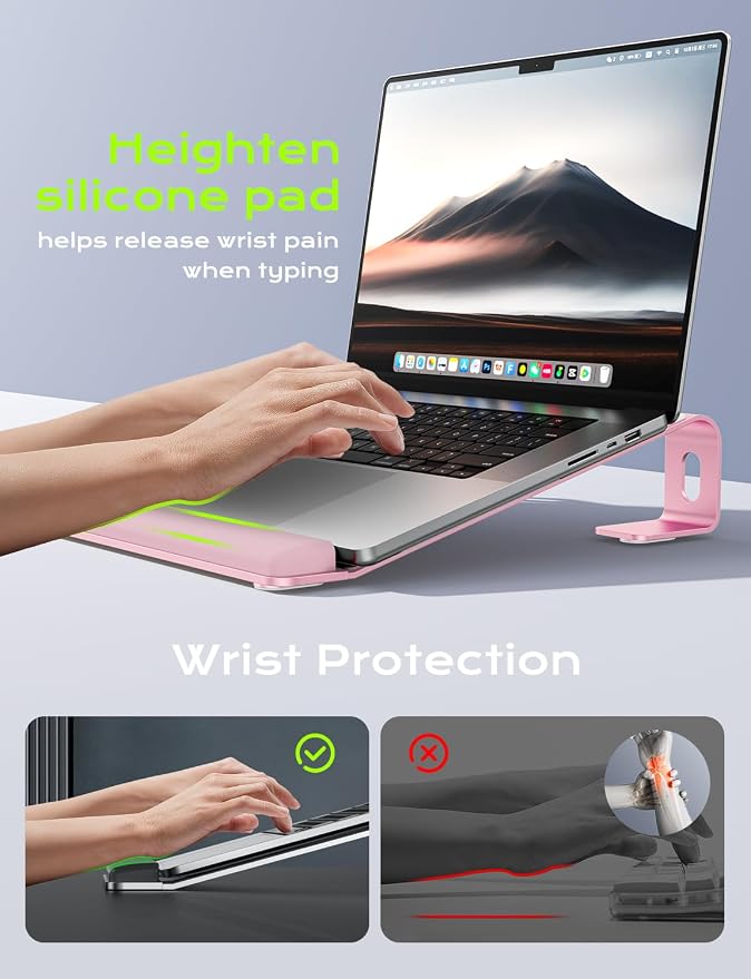 JCZT Aluminum Laptop Stand, Laptop Riser with Wrist Rest, Pink | Ergonomic Detachable Portable Laptop Stand for Desk, Notebook Holder Compatible with MacBook Air Pro, All 10-17'' Laptops - Image 2