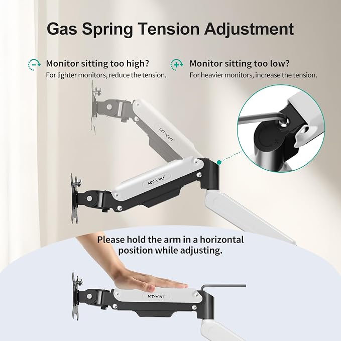 MT-VIKI Single Monitor Arm for 17"-32" Monitors, Gas Spring Adjustable Desk Mount, Quick Release VESA Plate, Full Motion with Cable Management, Clamp & Grommet Base, Supports 4.4–19.8 lbs, White - Image 3