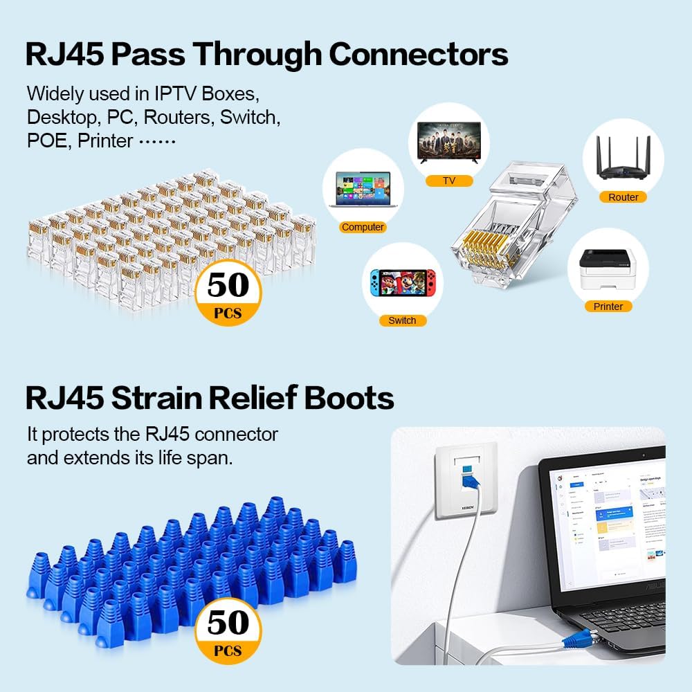 Ethernet Crimping Tool RJ45 /RJ11 Crimp Tools,CAT5 Cat5e Cat6 RJ45 Crimping Tool Kit With Multiply Cable Stripper, Blades,50PCS Cat6 Connectors, 50PCS Boots,Wire Cutter - Image 5