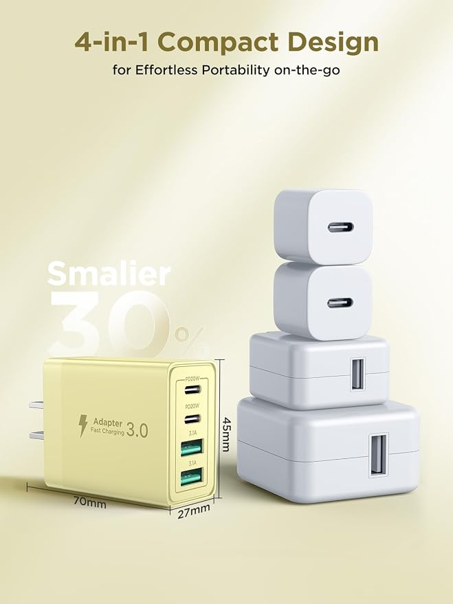 USB C Charger Block, 40W 4-Port Fast Charger 20W Type C Charging Block 3.1A USB Wall Charger Dual Port PD+QC Charging Cube for iPhone 16 15 14 13 12 Pro Max XS, iPad, Samsung Phone (Yellow) - Image 5
