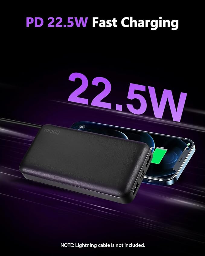 Miady 2-Pack Portable Charger 22.5W Power Bank 20000mAh Travel Battery Pack | Fast Charging丨Dual USB丨3 Outputs 2 Inputs丨High Capacity丨Compatible with iPhone 17 Android etc丨74Wh丨for Camping丨Black+White - Image 3