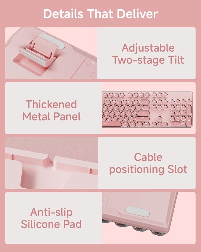 TK950 Typewriter Wireless Mechanical Keyboard, Aesthetic Tri-Mode Bluetooth/2.4G/Wired Retro Punk Typewriter Keyboard with White Backlit, Blue Switch, Round Keycaps for Laptop/Mac/iPad/Win, Pink - Image 8