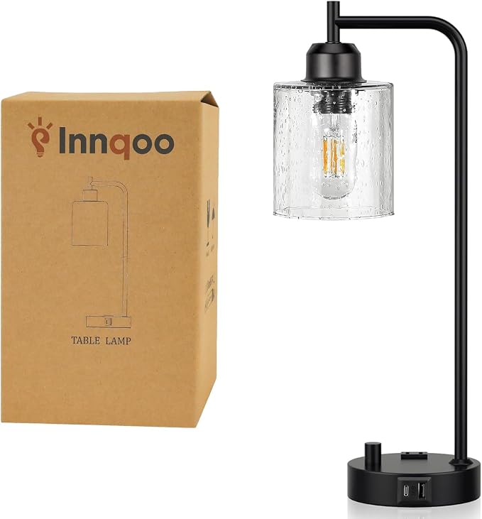 Industrial Desk Lamp, Fully Dimmable Small Bedside Table Lamp, Black, USB C | Glass Shade, USB C+A Charging Port & Outlet, Lamps for Bedroom, Night Stand, Home Office, Living Room - Image 8