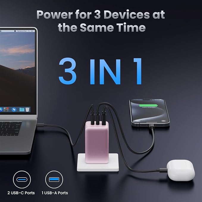 128W USB C Wall Charger,GaN III 3-Port Fast Charging Station,PD QC Foldable Charger Block Portable 65W Laptop Adapter for MacBook Pro/Air,iPad Pro,Galaxy S23,Dell XPS 13,iPhone 17/16/Pro etc - Image 2