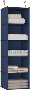 Hanging Closet Organizer 5-Shelf, Oxford Fabric Wardrobe Storage, Navy Blue | Easy-mount foldable design holds clothes, handbags, shoes & accessories; washable Oxford fabric, sturdy and space-saving. by DonYeco