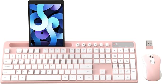 Wireless Keyboard and Mouse Combo, MARVO 2.4G Ergonomic Wireless Computer Keyboard with Phone Tablet Holder, Silent Mouse with 6 Button, Compatible with MacBook, Windows (Pink) by MARVO