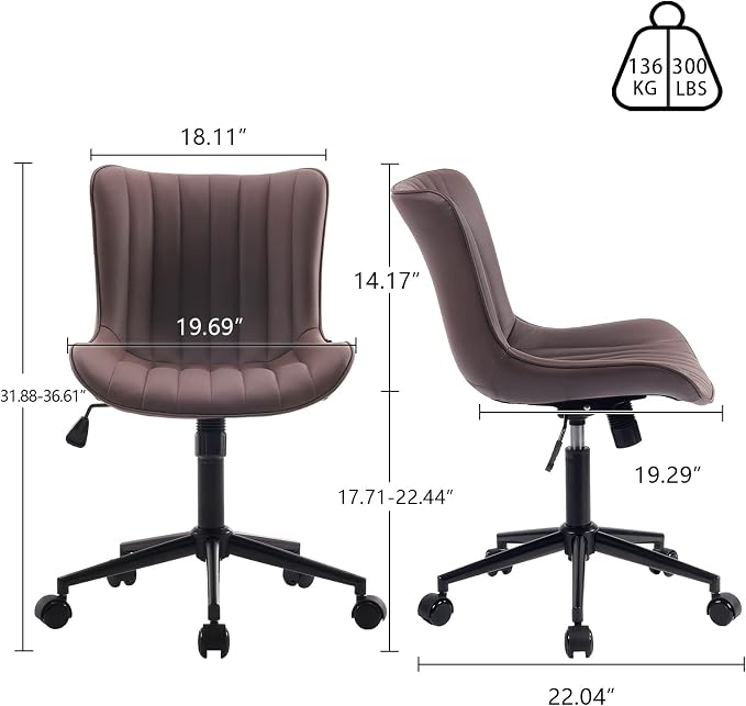 YOUNIKE Office Desk Chair with Wheels Armless Vanity Chair Modern Brown | Faux Leather Upholstered with Rocking Back, Swivel Height Adjustable Small Cute Computer Rolling Task Chair Ergonomic 300lb - Image 2