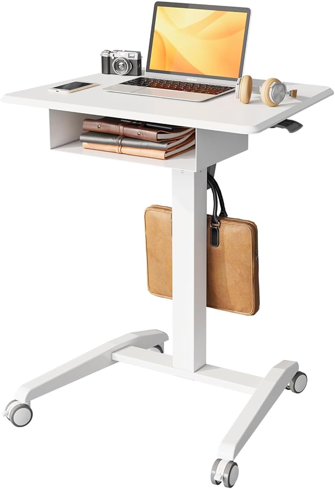 JOY worker Mobile Standing Desk with Drawer, 28" White Rolling Laptop Desk | Pneumatic Height Adjustable, Open Storage Shelf, 4 Rolling Wheels, Portable Sit Stand Desk, Holds 22lbs, Home Office School by JOYworker