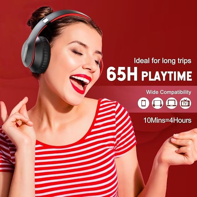 Wireless Bluetooth Headphones Over Ear V6.0 HiFi Stereo with Mic | 65H Playtime 6EQ Modes Foldable Bluetooth Headset with Microphone for Travel Smartphone Computer Laptop Black Red - Image 3