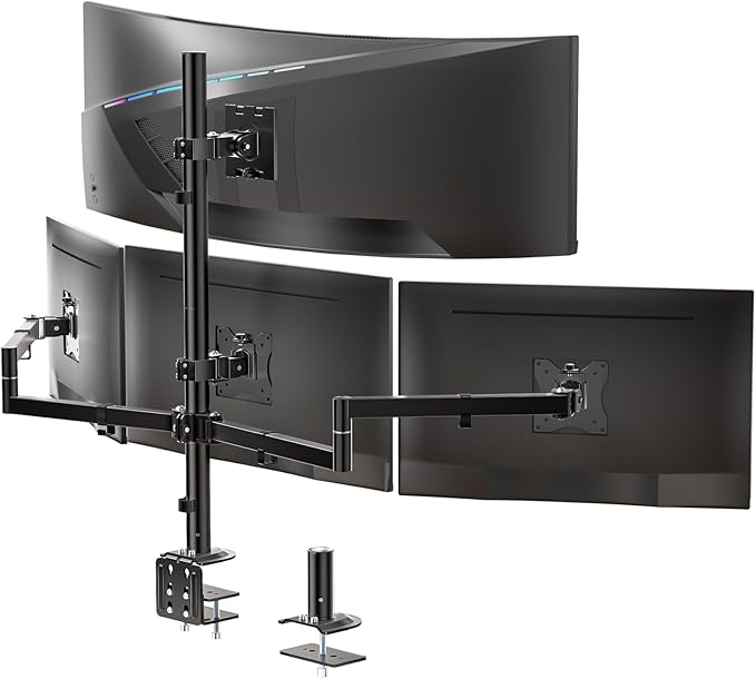 WALI Stacked 4 Monitor Mount for 49" UItrawides and Three 27" Monitors | Tall Quad Monitor Stand up to 44 lbs，Full Motion with Tilt, Swivel, C-Clamp & Grommet Base, VESA 75/100mm (M004S-P), Black by WALI