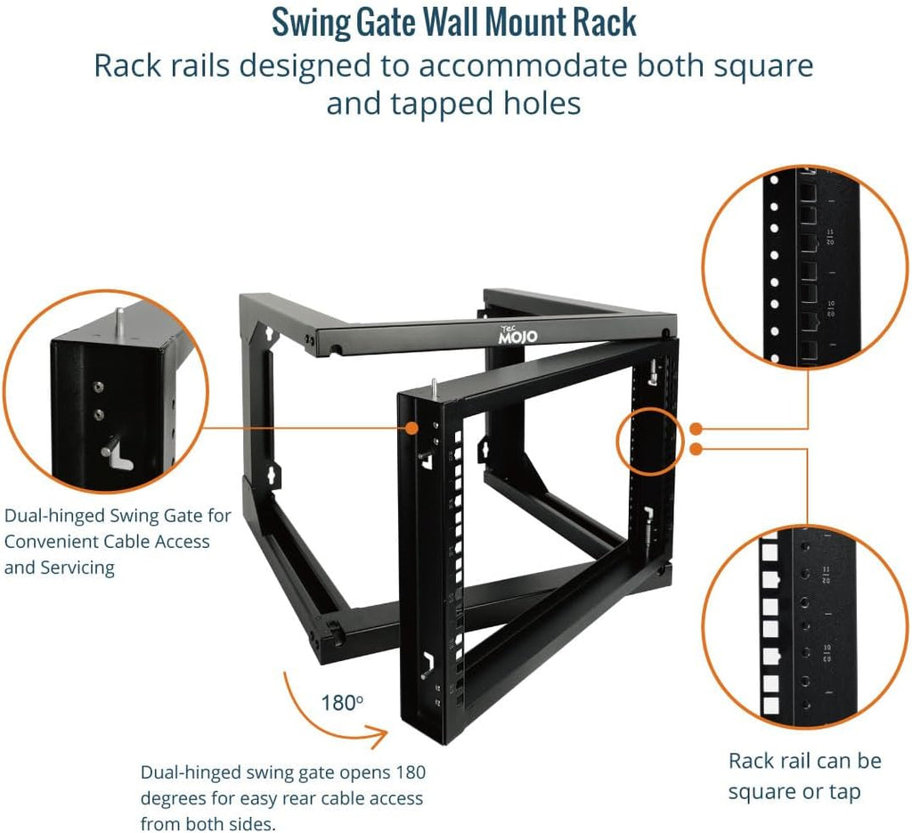 Tecmojo 6U Wall Mount Server Rack, Open Frame Network Rack for 19" Computer/AV/Data/IT/Media Equipment, 18" Depth, 16" Apart Mounting Holes, Swing Gate, Square and Tapped Holes - Image 3