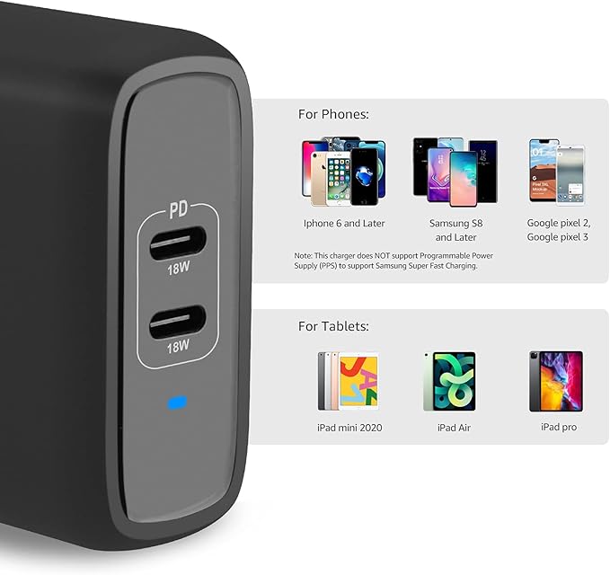 Amazon Basics 36W Dual Port USB-C Wall Charger with Power Delivery, Foldable Plug, for Tablets & Phones (iPhone 15/14/13/12/11/X, iPad, Samsung, and More), Non-PPS, 2.34 x 2.21 x 1.09 inches, Black - Image 4