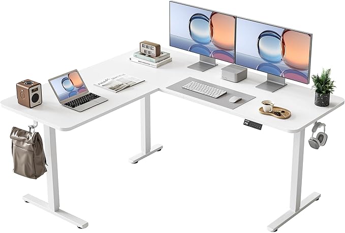 YIHAYO L Shaped Standing Desk Adjustable Height, 63 x 55 Inches Electric Corner Standing Desk with Splice Board, Computer Desk for Home Office, White by YIHAYO