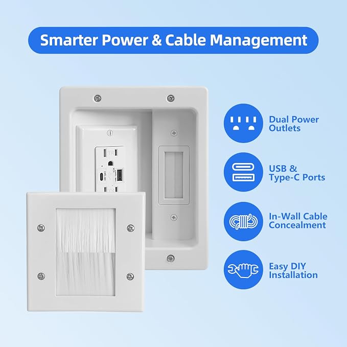 in-Wall Cable Management Kit TV Cord Hider for Wall Dual USB A&C | Hide TV Cords for Wall Mounted TV, USB-A/C Ports, 9ft Cord & Hole Saw Cutter for Home Theater Setup TV Outlet Wall Kit - Image 5