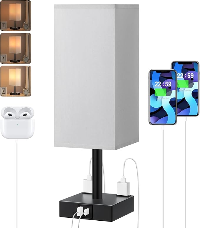 Grey Touch Table Lamp for Bedroom - Dimmable, USB C+A, 2 AC Outlets | 3-Way Dimming, 3000K Bulb Included, Square Grey Lampshade and Black Base, Desk Lamp for Nightstand, Living Room, Dorm by Aooshine