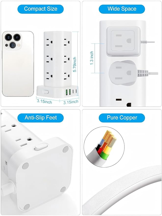 Tower Power Strip with 15W Wireless Charger, 6FT Flat Plug Extension Cord with Multiple Outlets, 12 AC Outlets, 4 USB Ports (2 USB C) Charging Station Surge Protector for Office Home Dorm Room (White) - Image 7