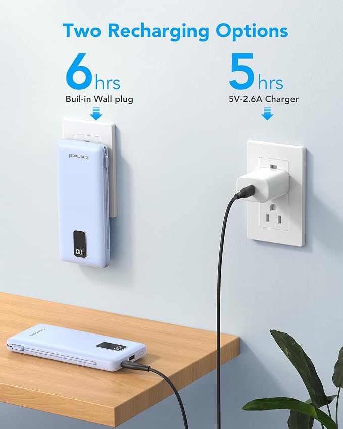 charmast Portable Charger Power Bank Built in Cables,10000mAh Battery Pack | with AC Wall Plug,LED Display & 5 Outputs,Travel Camping Essentials Slim External Phone Charger for iPhone,Samsung,Android - Image 6
