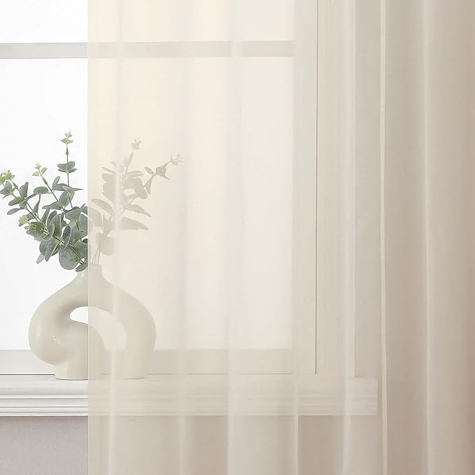Short Cream Sheer Kithen Cafe Curtains 24 Inch Length 2 Panels Set | Half Curtains for Living Room Bedroom Basement Bathroom Small window, Sheer curtain over sink, Rod Pocket, Each 42"W x 24"L - Image 2