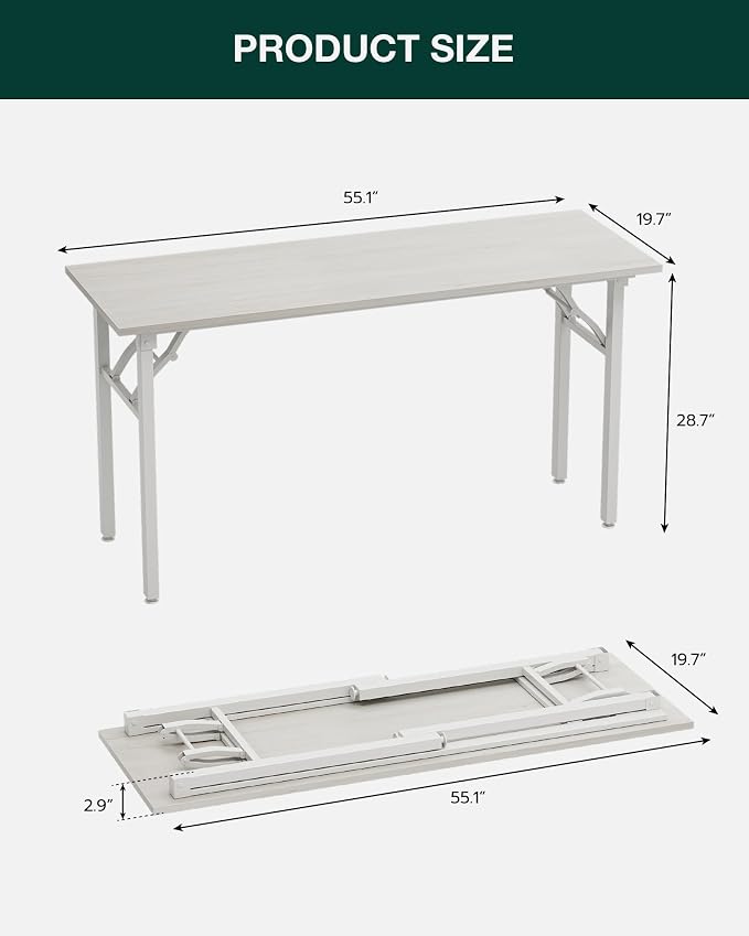 Small Folding Computer Desk – Portable 55.1 Inch Foldable Laptop Table, Collapsible and Compact for Easy and Fast Setup, Lightweight for Small Spaces, Home Craft and Study Use, White Ash - Image 2