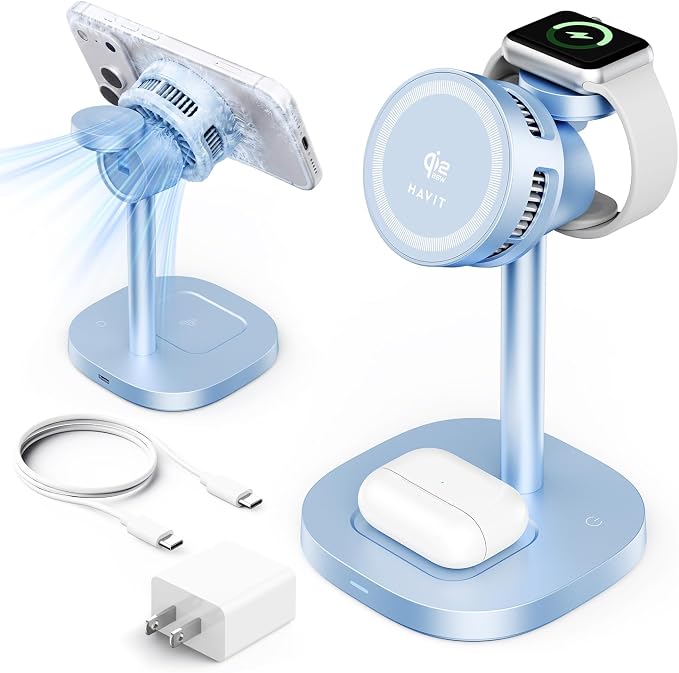 havit 3 in 1 Wireless Charger, Qi2.2 Certified 25W Magnetic Charging Station with Active Cooling for iPhone 17/16/15/14/13/12, Apple Watch & AirPods, 45W Adapter Included, Blue by havit