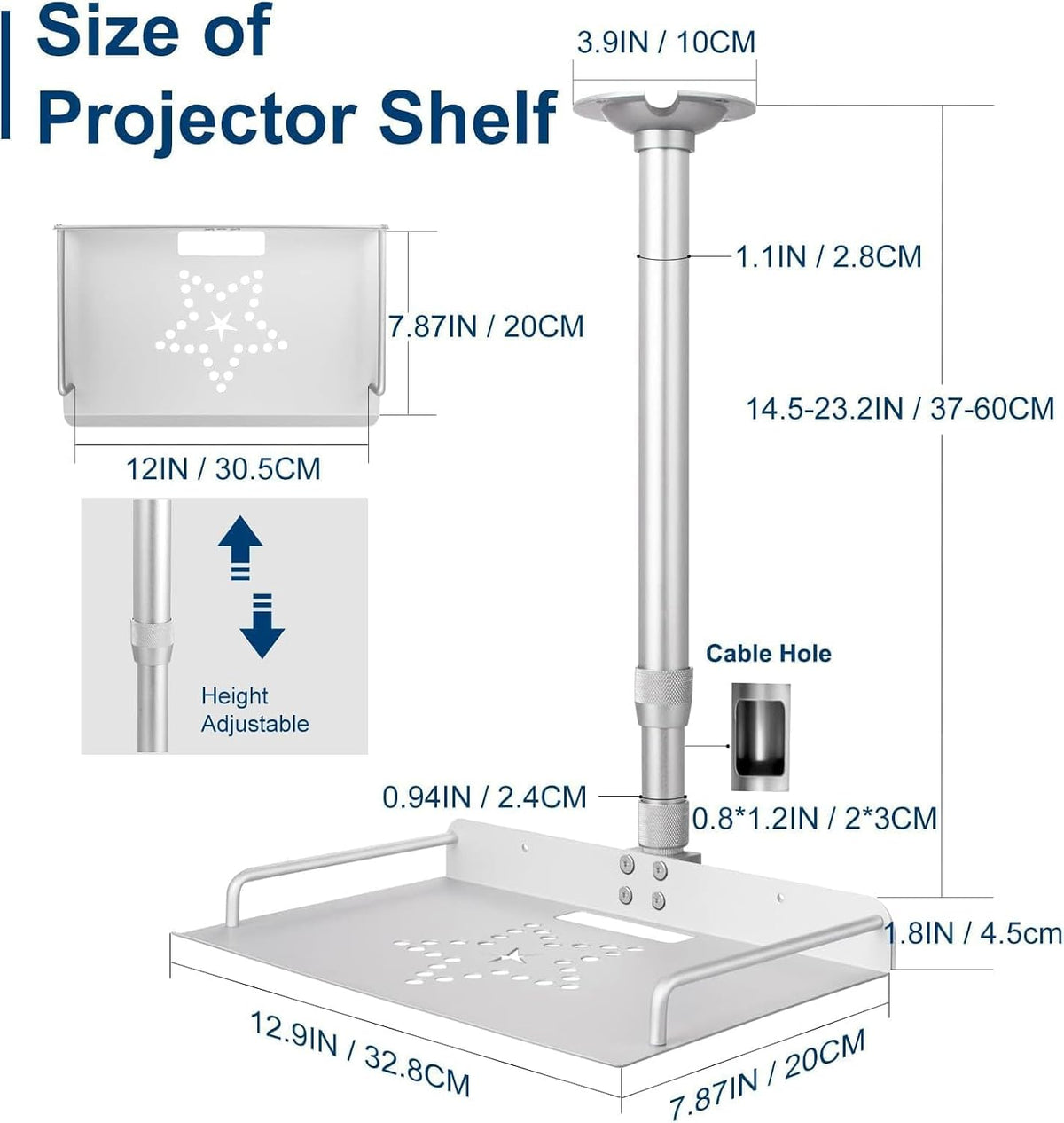 2-Be-Best Projector Ceiling Mount with Tray, 14.5-23.2IN / 37-60CM Height Adjustable Universal Projector Ceiling Mount 360° Rotation Ceiling Projectors Mounts Silver - Image 2