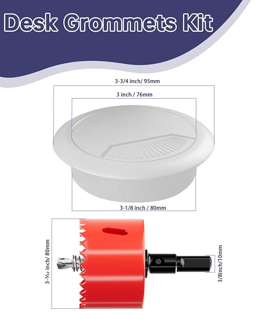 Desk Grommet 3-1/8 inch (80mm) 8 Pieces - White Desk Cable Grommet Desk Cable Hole Covers with Hole Saw for TV, Office, Wires Through Countertop and Home Table - Image 6