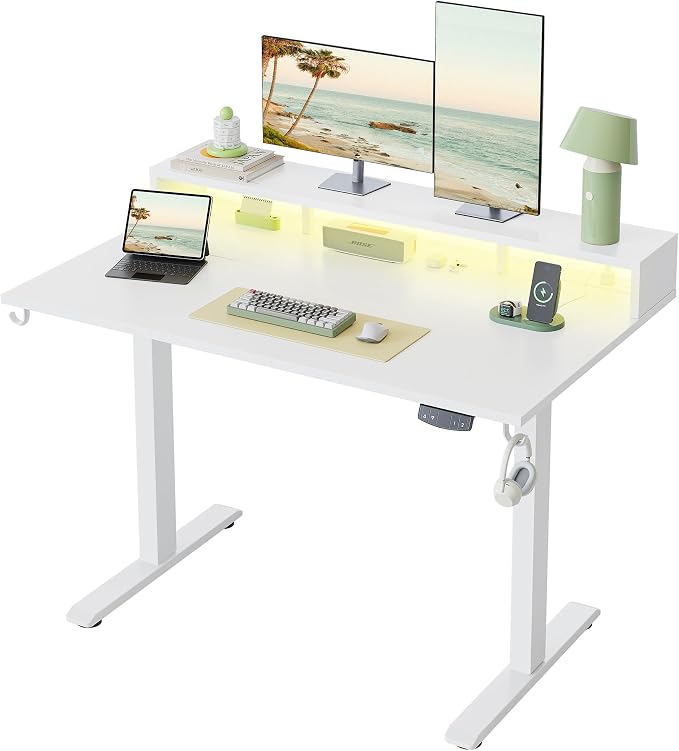 Klicelor Electric Standing Desk with Shelf, 48 Inch Height Adjustable Desk with Power Outlets & LED, Sit Stand Up Table with Monitor Stand, Computer Workstation for Home Office, White by Unknown