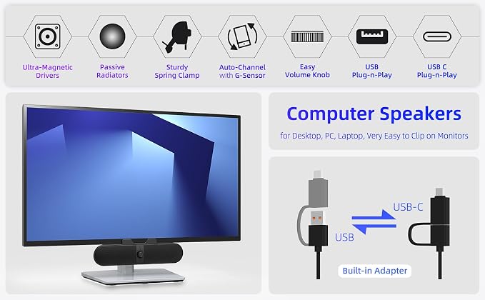 Computer Speakers for Desktop PC, Monitor Speakers with Easy Volume Knob, Sturdy Clamp, Clear Sound, Decent Bass, USB Plug in External Speakers for Laptop, Small PC Soundbar, USB-C Adapter, 5Ft Cable - Image 2