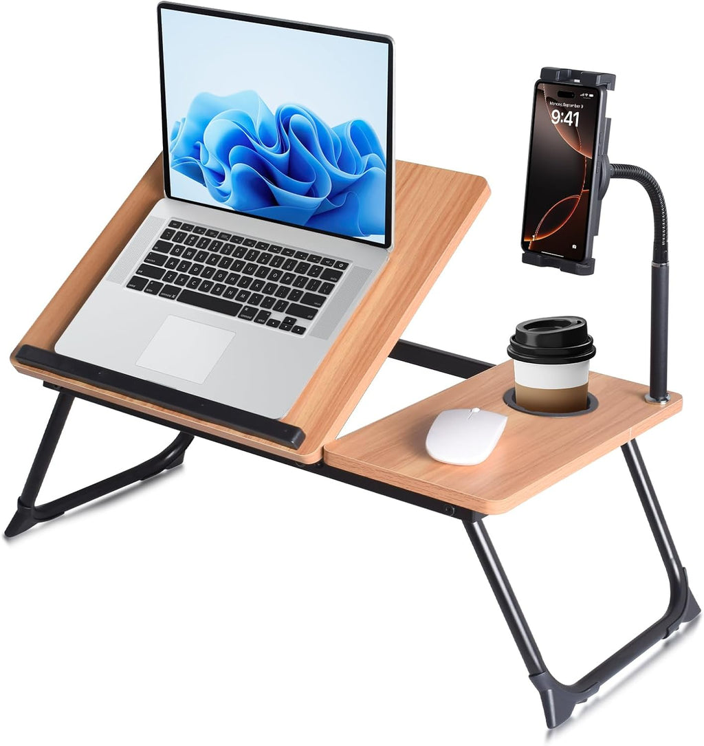 wishacc Lap Desk for Bed, Laptop Desk with Adjustable Tablet Stand, Sturdy Metal Frame Bed Desk, Foldable Laptop Bed Tray Table for Adults Couch Sofa, Portable Lap Desk for Laptop & Phone Slot by wishacc