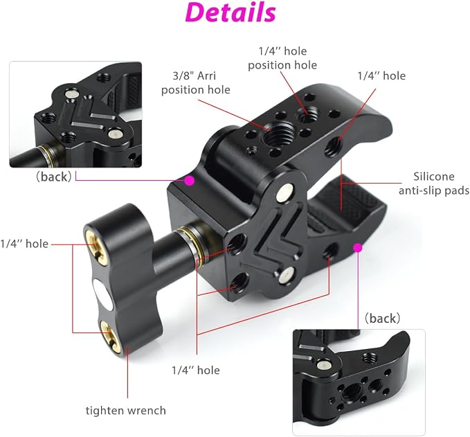 Super Clamp with 1/4" 3/8" Threads, Camera Clamp Mount for LED Lights,Magic Arm, Mic, Wireless Flash Receivers, Triggers, Photography Accessories - Image 4