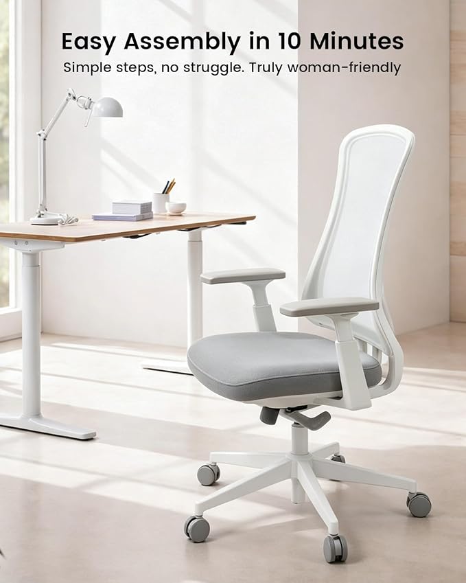 ProtoArc Flexer Ergonomic Office Chair for Women, White | Foam Sliding Seat, Airflow Mesh Back, Hair-proof Casters, Easy Assembly, Fits 5'1"-6'0", Sleek Minimalist, for Small Spaces - Image 7