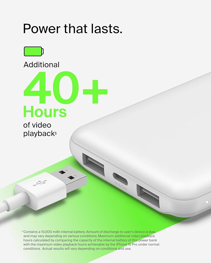 Belkin 10000mAh 15W 3 Port Power Bank, USB A to USB C Cable Included | Fast Charging, iPhone 17, Samsung Galaxy, Pixel, Airpods, iPad, Nintendo Switch 2, Battery Pack, USB C Port, USB A Port - Image 4