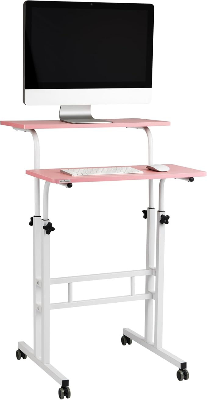 Mind Reader Standing Desk, Adjustable Height Laptop Workstation, Portable Rolling Desk on Wheels, Two-Tier Metal Frame, Pink - Image 5