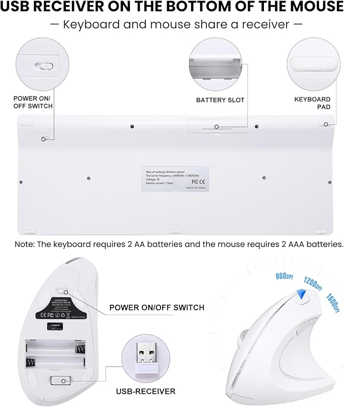 2.4GHz Wireless Vertical Ergonomic Mouse and Keyboard Combo Ultra-Thin Portable Size for PC Desktop Computer Laptop Mac Tablet (A) (Right) (White) - Image 6