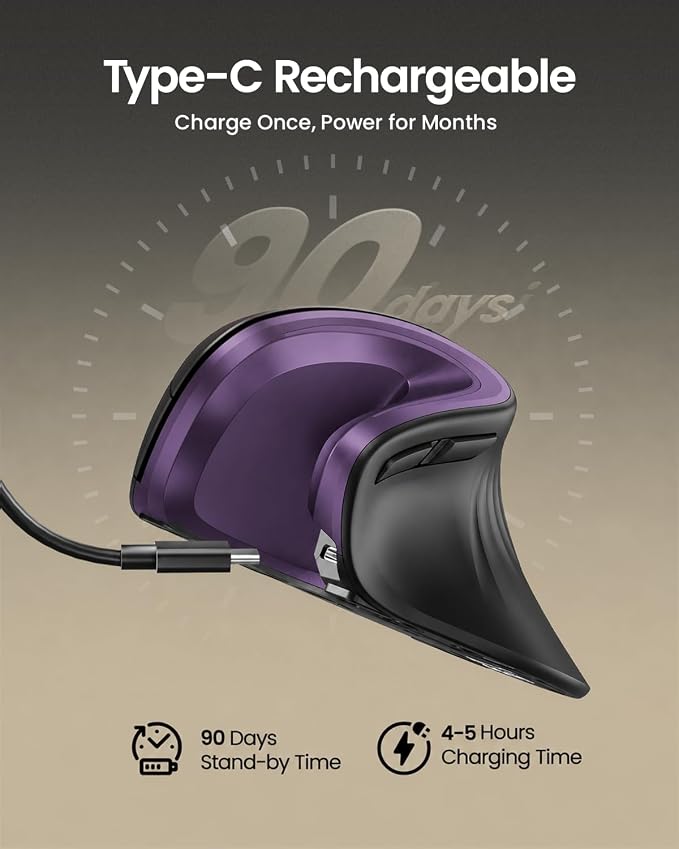 ProtoArc EM11 NL Wireless Ergonomic Mouse, Rechargeable, Black Purple | 58° vertical design supports a natural wrist posture, connect 3 devices via Bluetooth/2.4G USB-A, 500mAh USB-C rechargeable. - Image 3
