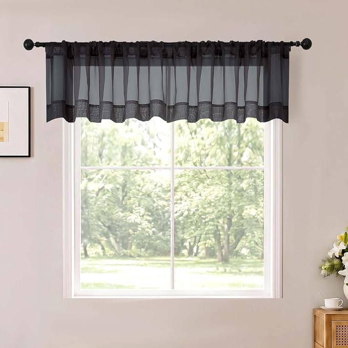 Black Sheer Valances for Windows 2 Panels 14 Inch Length 52" Width | Window Topper Valance for Cafe Kitchen, Small Window Decor for Bedroom Living Room, Rod Pocket, Each Panel 52W x 14L by OWENIE