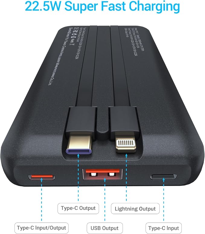 Antteez Portable Charger 10,000mAh, Power Bank Fast Charging with Built-in Cables, 22.5W USB C Travel Battery Pack, LED Display & 4 Outputs, Compatible with iPhone, Samsung, iPad - Image 4