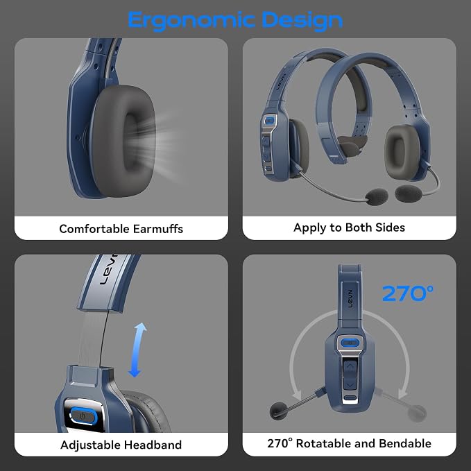 LEVN Bluetooth Headset with Microphone, Trucker Bluetooth Headset with AI Noise Cancelling & Mute Button, Wireless On-Ear Headphones 60 Hrs Working Time, for Trucker Home Office Remote Work Zoom - Image 5