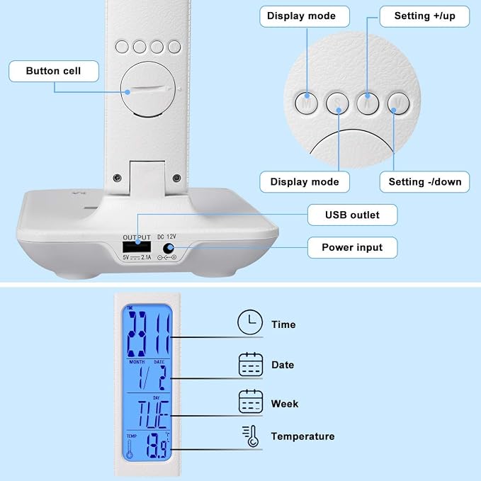 LED Desk Lamp with Wireless Charger, Suitable for Home, Office Dimmable, with USB Charging Port, Built-in Clock, Calendar, Thermometer and Automatic Timing Reading Desk Lamp. - Image 4