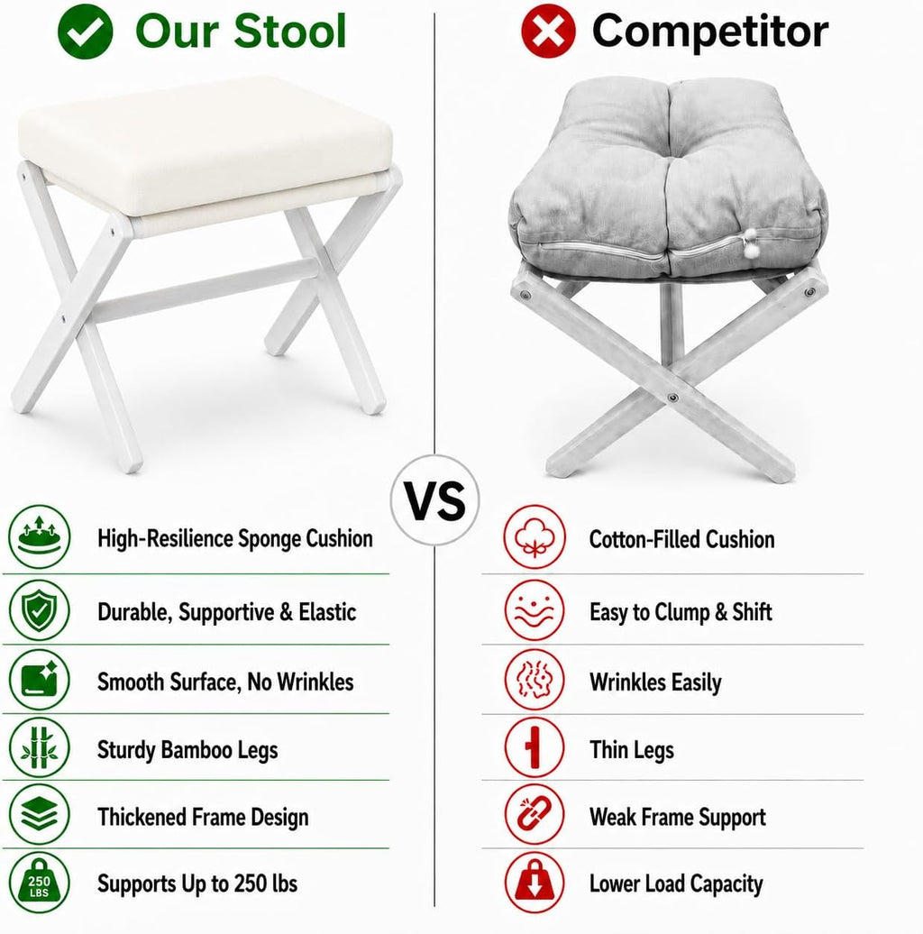 Foldable Foot Stool Ottoman, Modern Foot Rest with Bamboo X Legs & Thick Foam Cushion, Folding Foot Stools Small Padded for Bedroom Living Room, Footstool for Chair Couch (White - White) - Image 9