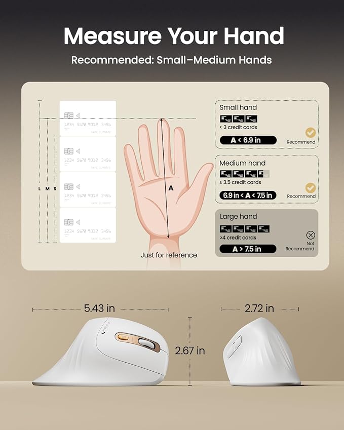 ProtoArc EM11 NL Wireless Ergonomic Mouse, Rechargeable, White Gold | 58° vertical design supports a natural wrist posture, connect 3 devices via Bluetooth/2.4G USB-A, 500mAh USB-C rechargeable. - Image 7