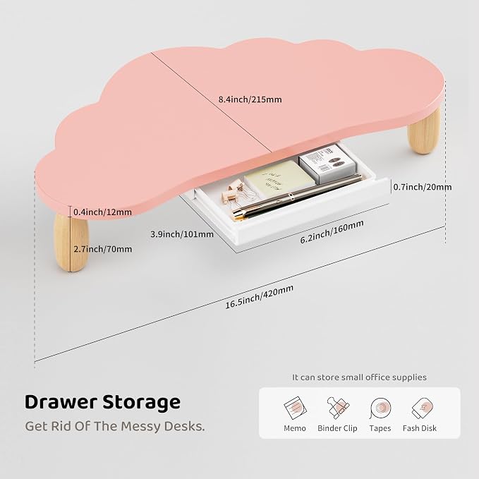 AFOOYO Monitor Stand Riser,Cloud-Shaped Sturdy Wood 16.5In Computer Monitor Riser Wirh Drawer, Multi-Purpose Desktop Organizer Riser for Computer,Laptop,Printer,TV,Pink - Image 6