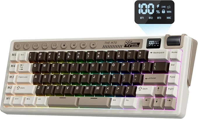 RK ROYAL KLUDGE M70 Wireless Mechanical Keyboard with Display/Macro Keys | Massive 6000mAh Creamy Gaming Keyboard w/Macro Keys/Digital Screen/Knob, Hot Swappable 75% Wireless Keyboard BT/2.4G/USB-C by RKROYALKLUDGE