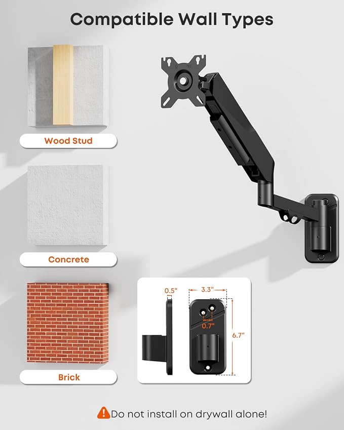 Heavy Duty Single Monitor Arm Wall Mount fits 27-45 Inch Flat/Ultrawide | Full Motion, Gas Spring Arm, Holds 35.2 lbs, VESA 75/100mm for Home Office & Gaming, Black - Image 6