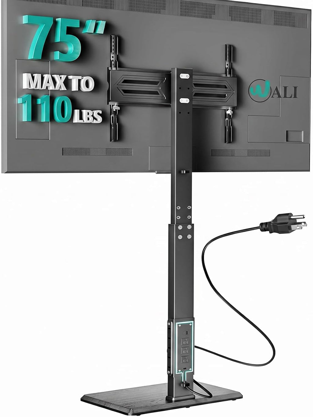 WALI Floor TV Stand with Power Outlet, Tall TV Stand Mount for 32-75 inch TV up to 110 lbs, Swivel and Height Adjustable TV Stands with Wood Base for Bedroom, Living Room(TVDVD-7P), Black by WALI