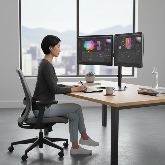 Mount-It! Dual Monitor Stand for Desk - Double Monitor Mount for 2 Screens up to 32 Inch and 17 Lbs - Free-Standing Base Swivel, Tilt, Rotates 360 Adjustable Arms - VESA Compatible High Grade Steel - Image 2