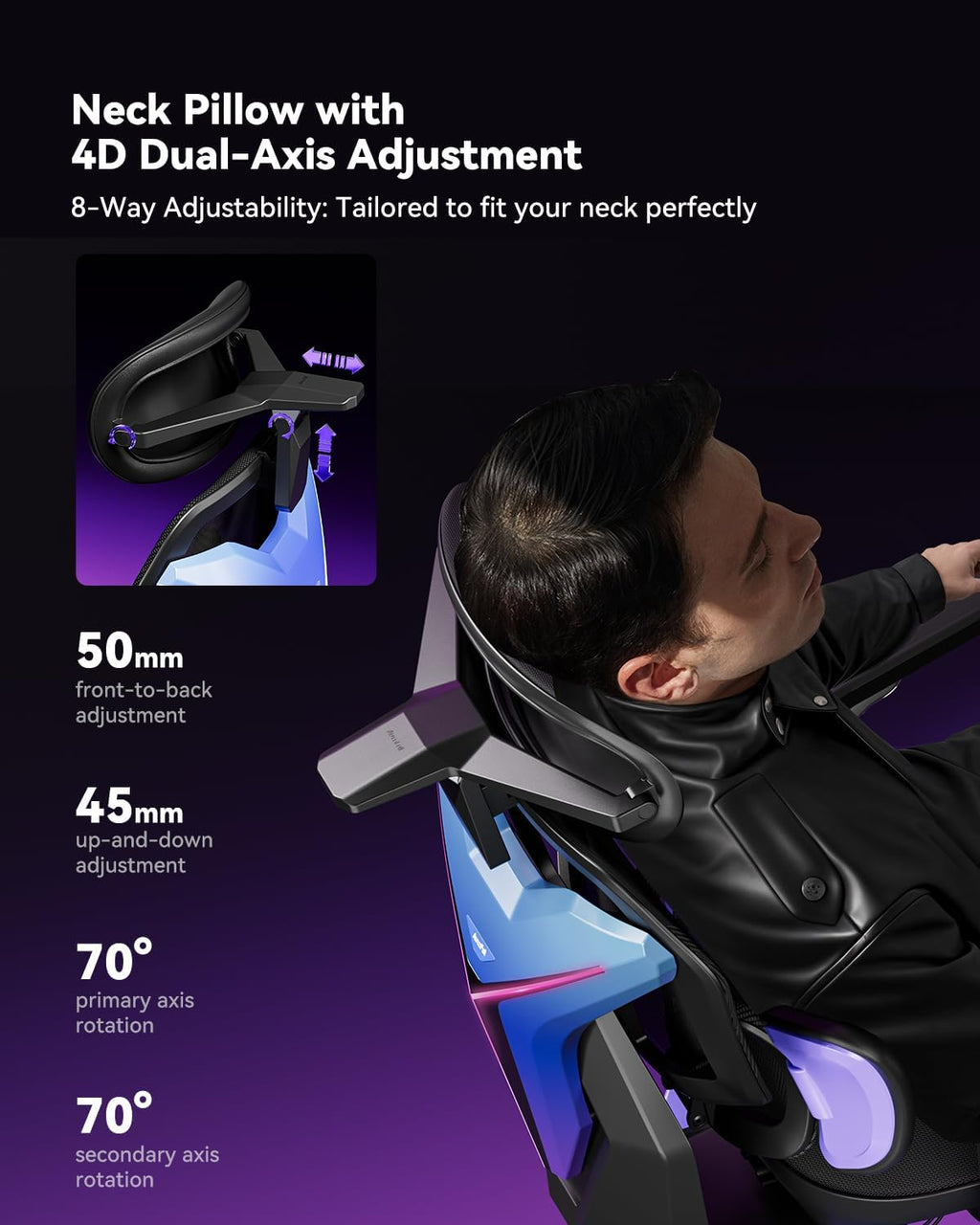 AutoFull G7 Gaming Chair - 3-Zone Lumbar, 22-Point Adjustment, Breathable Mesh, Custom Backplate, 720° Armrests, BIFMA Certified Ergonomic, 140° Recline, IGR Certified, Niko Endorsed - Purple&RGB - Image 5