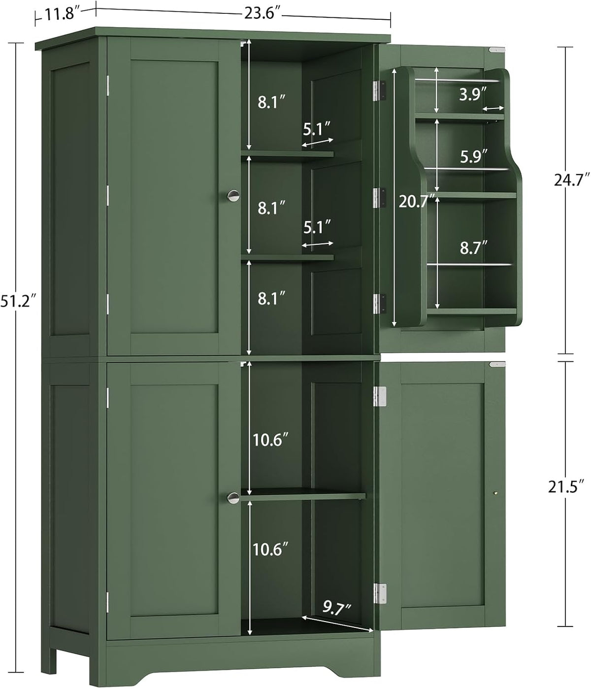 Pantry Cabinet with 4 Doors, Kitchen Storage Cabinet with Door Shelves, Kitchen Cabinet, Kitchen Pantry for Living Room, Dining Room, Bathroom, 51”H, Green - Image 3